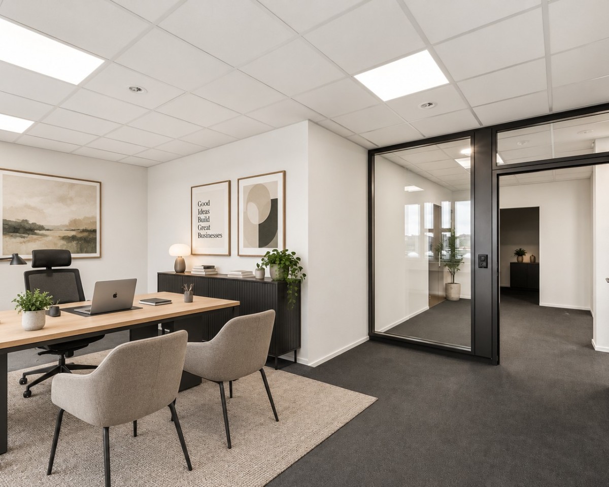 Einzelbüro mit Glasfront – virtuell möbliert