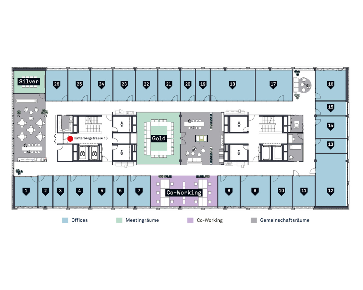 Übersichtsplan - 26 Offices / 2 Meetingräume / 12 Co-Working Arbeitsplätze / ästhetische Gemeinschaftsräume