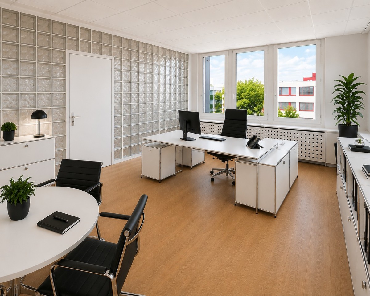 Chefbüro mit Glasbaustein-Wand und virtueller Möblierung und Auffrischung
