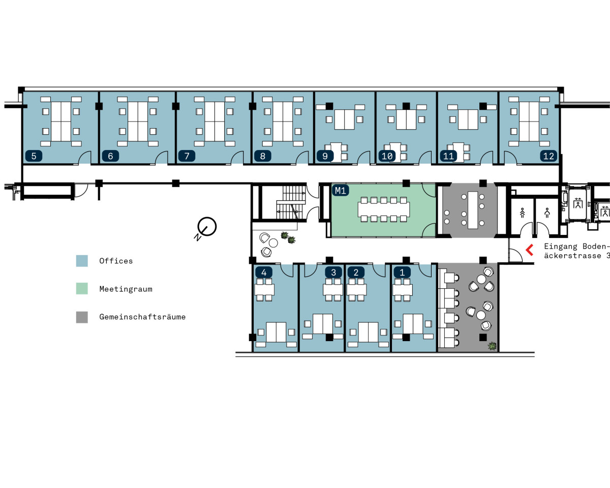 Übersichtsplan - 12 Offices / 1 Meetingraum / ästhetische Gemeinschaftsräume