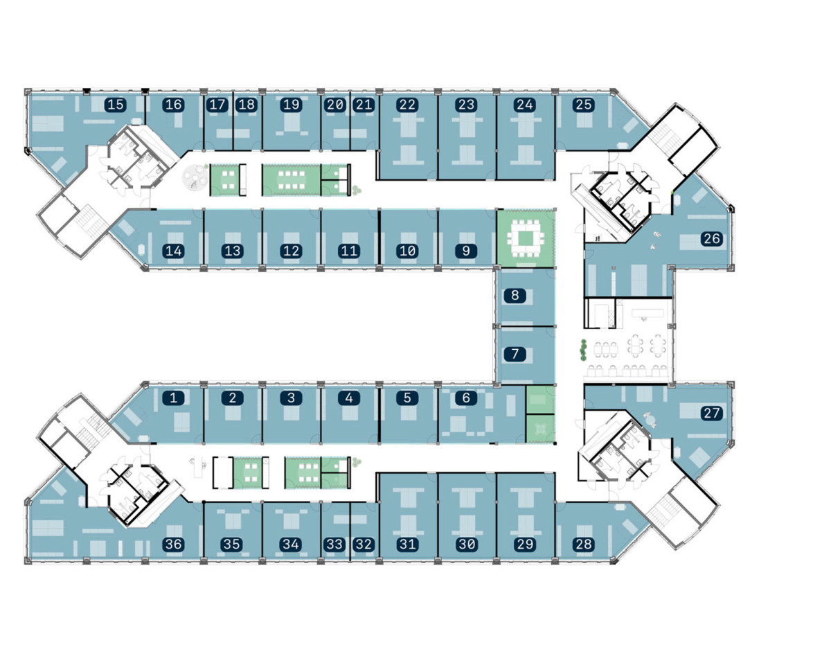 Übersichtsplan: blaue Flächen = Offices | grün = Meetingräume