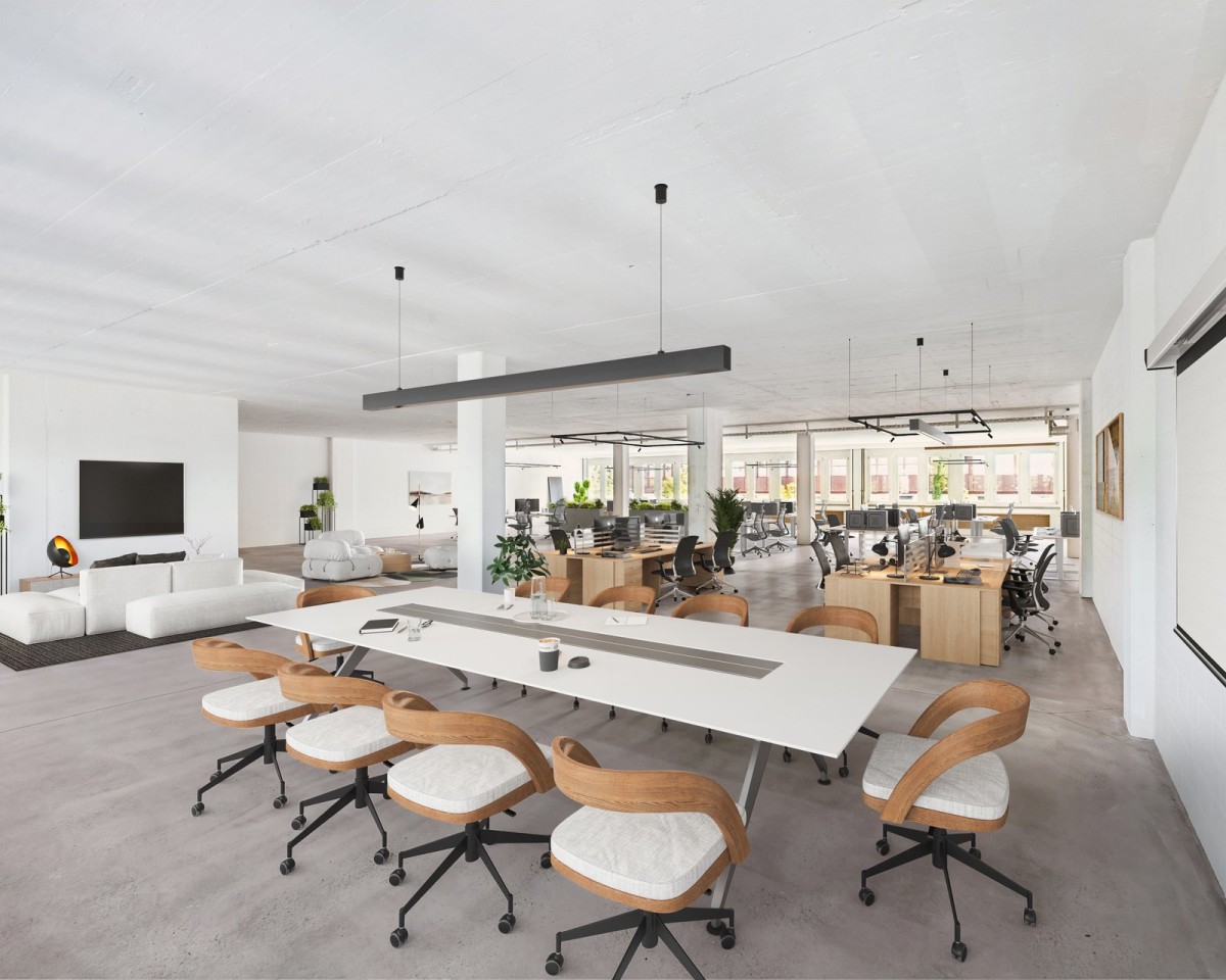 Open Office mit Lounge und Besprechung – virtuell inszeniert
