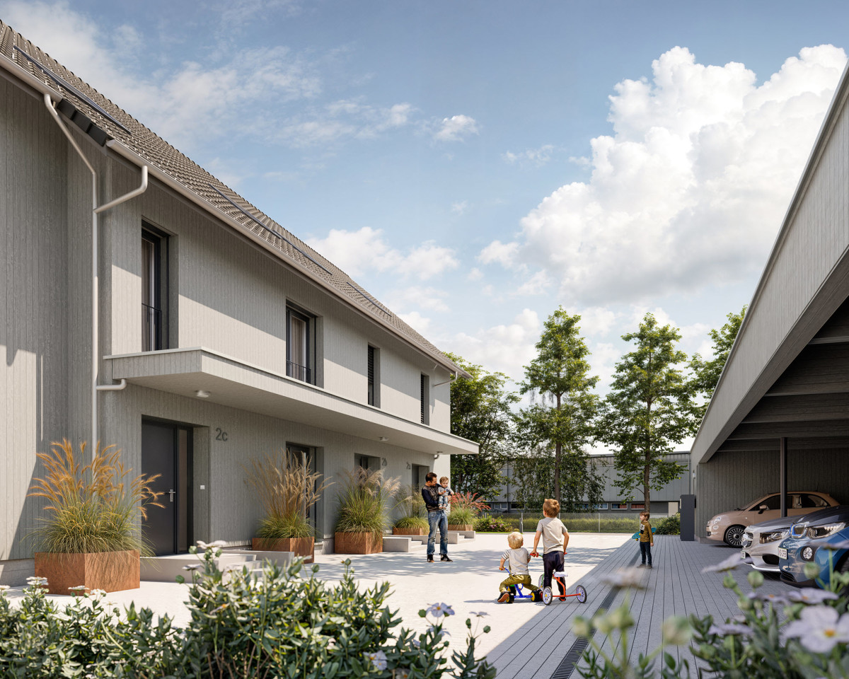 Der gemeinsam genutzte Hausvorplatz bietet Platz für Spiel und Begegnung