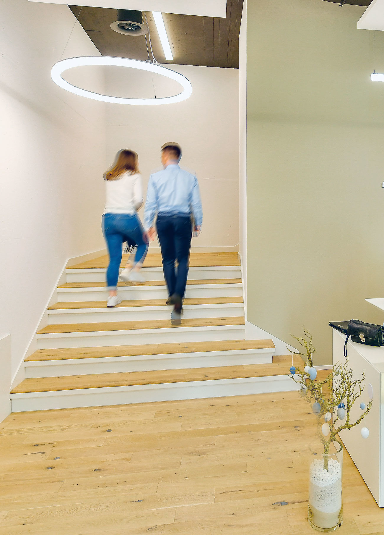 The new office’s eye-catching parquet stairs.