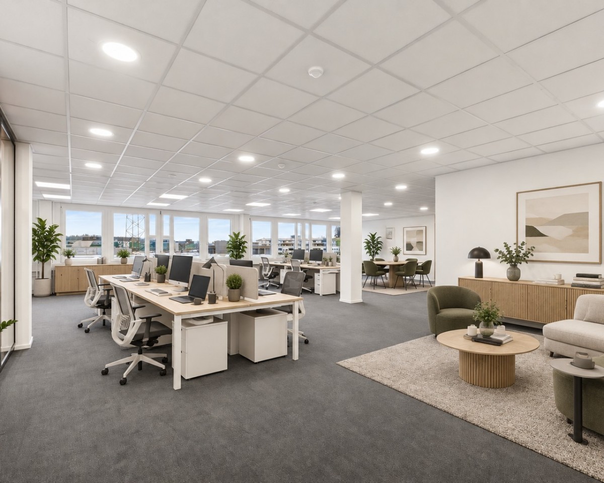 Open-Space-Büro mit Loungebereich – virtuell möbliert