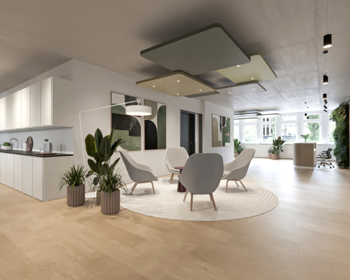 Eingangszone mit Aufenthaltsbereich und Teeküche - Visualisierung