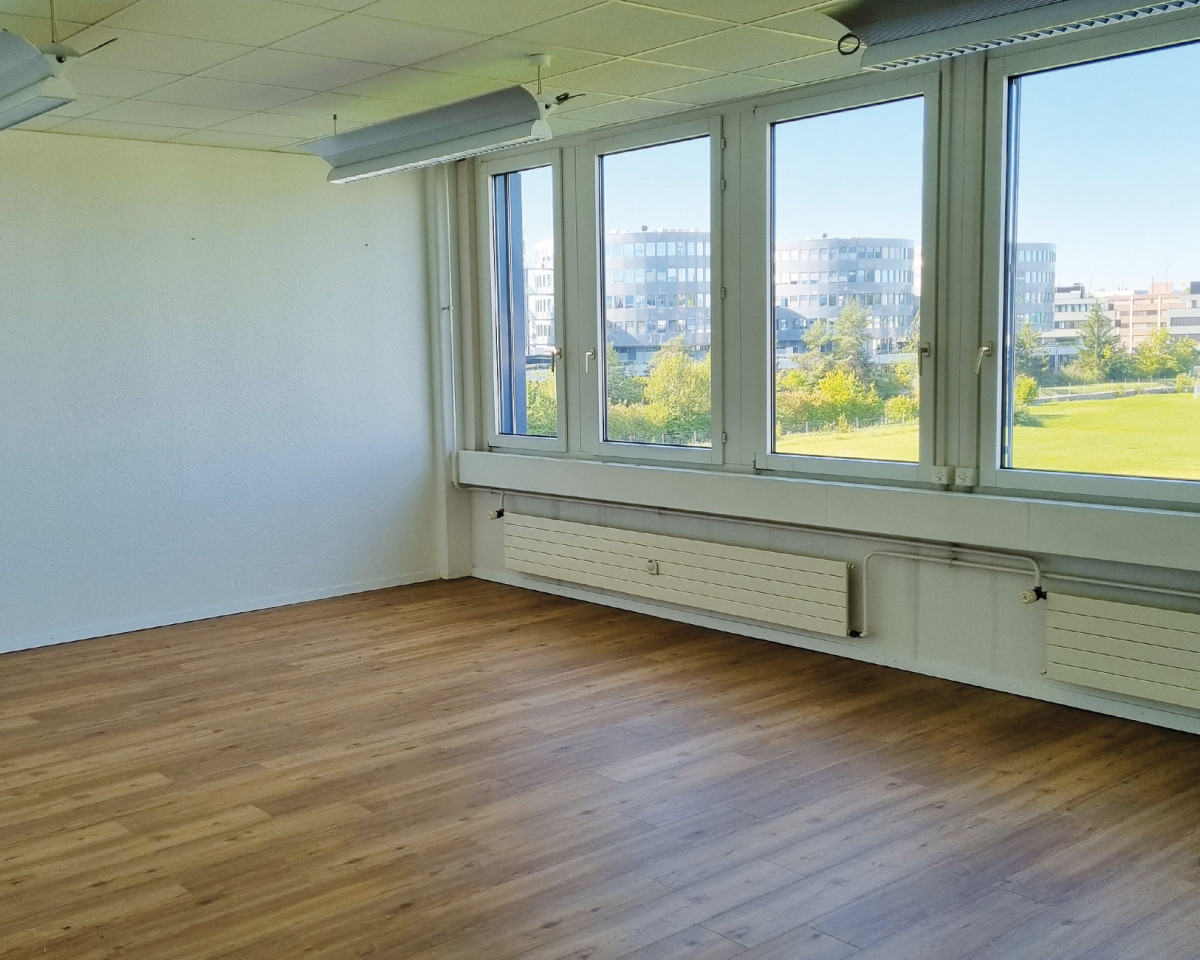 Büro West mit bestehendem Bodenbelag und Sicht ins Grüne