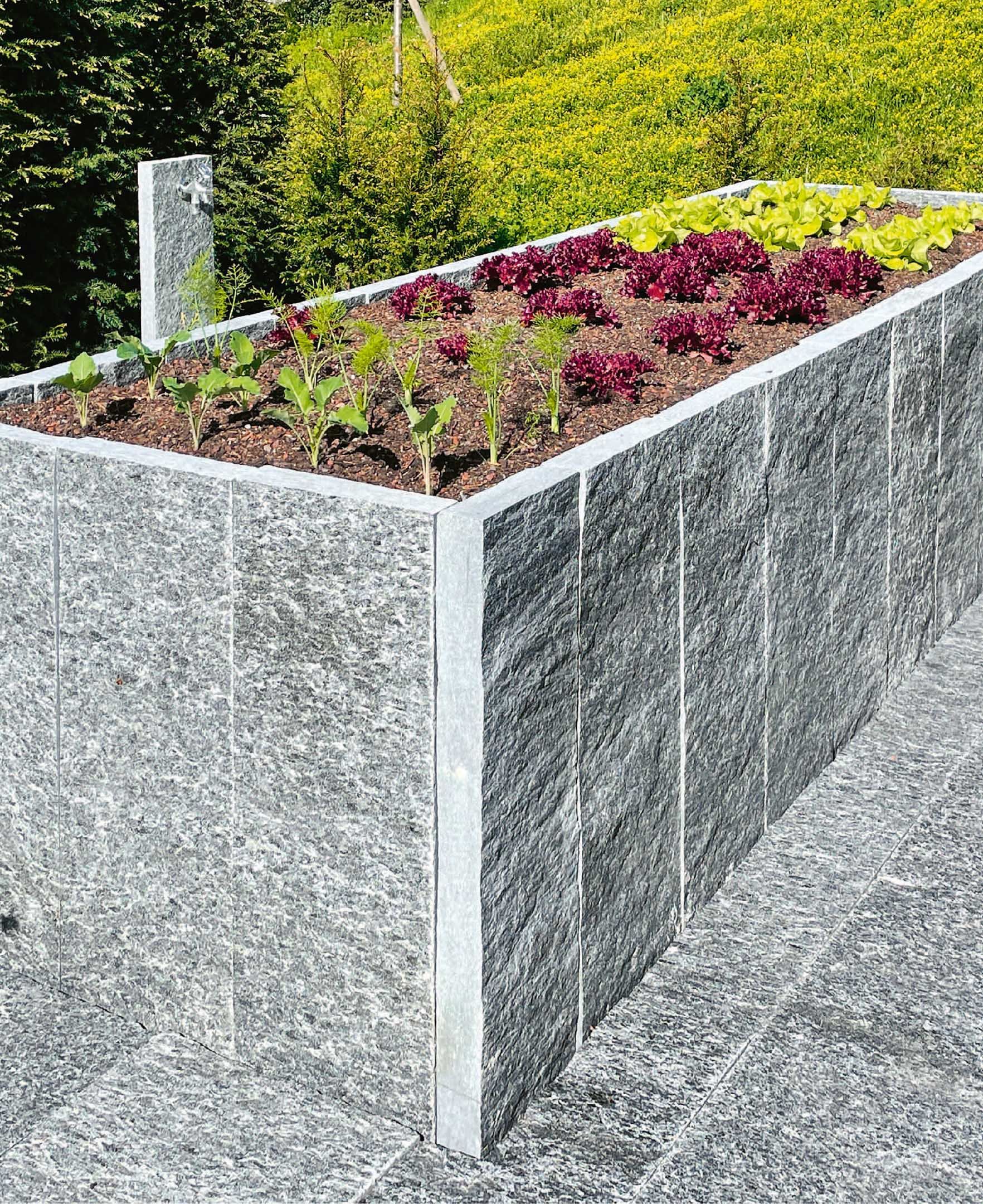 Hochbeete aus Tessiner Granit sind besonders robust und langlebig – wie dieses in Baar.<br>Foto: Christoph Müller